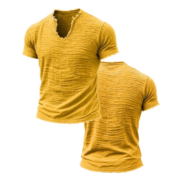 Zimjoy Men's Linen Shirts Loose Fit V-Neck Short Sleeve Tee Shirts Textured Solid Color Casual Streetwear Basic Tee Yellow 2XL