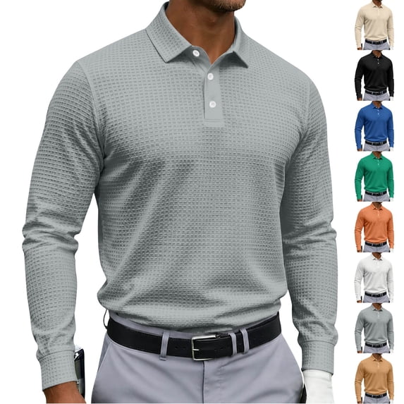 Zimjoy Men's Long Sleeve Golf Polo Shirts Performance Quick Dry Waffle Textured Athletic Polo for Sports Work Casual Daily Wear Gray 3XL