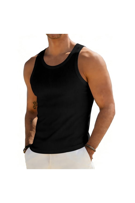 Men's Muscle Gym Tank Top Quick Dry Breathable Y-Back Vest Regular Fit Ribbed Textured Sleeveless Tank Tops, Black M