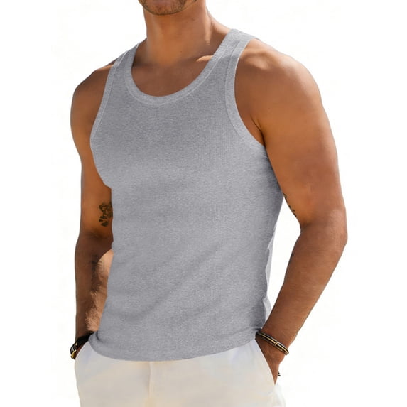 Zimjoy Men's Muscle Gym Tank Top Quick Dry Breathable Y-Back Vest Regular Fit Ribbed Textured Sleeveless Tank Tops, Light Gray L