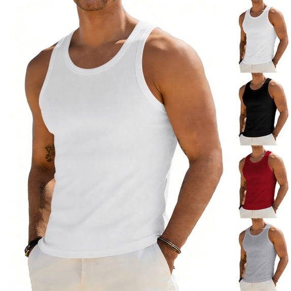 Zimjoy Men's Muscle Gym Tank Top Quick Dry Breathable Y-Back Vest Regular Fit Ribbed Textured Sleeveless Tank Tops, White L