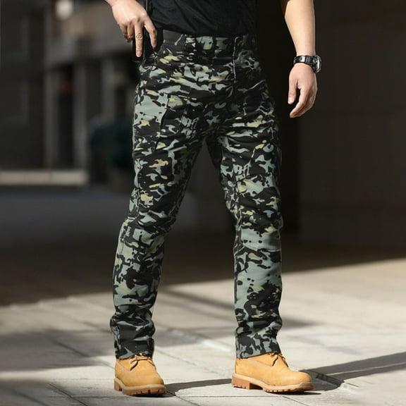 Zimjoy Men's Pants Water Repellent Rip Stop Cargo Cargo Pants Flex Light Weight Outdoor Trousers Durable Waistband Trousers with Multi Pocket, Gray Camouflage 3XL