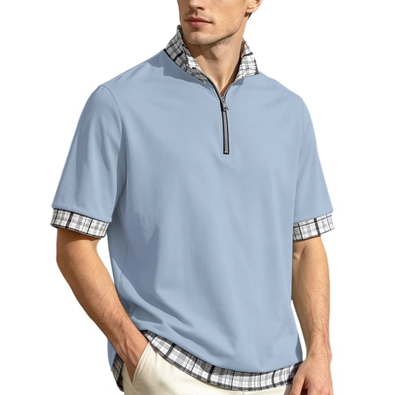 Zimjoy Men's Polo Shirts Casual Quarter Zipper Collared Short Sleeve Shirts Color Block Cotton Polo Summer Light Blue 2XL