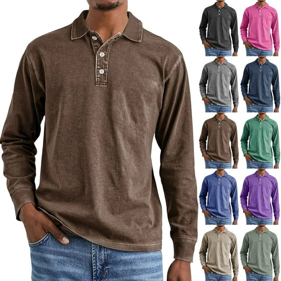 Zimjoy Men's Polo Shirts Cotton Western Long Sleeve Shirts Casual V-Neck Washed Button Down Shirt Turn Down Collar Lightweight Fall Outfits Workout Running, Brown XL