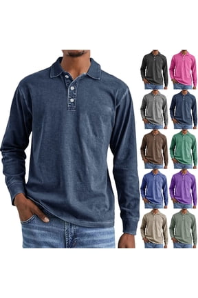 Men's Polo Shirts Denim Western Long Sleeve Tops Casual V Neck Distressed Button Down Shirt Collared Lightweight Fall Outfits Workout Running, Navy M