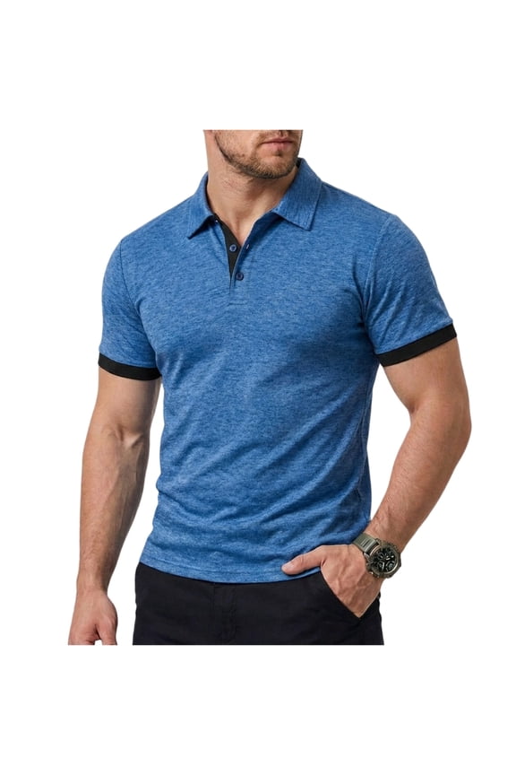 Men's Polo Shirts Henley Collared Short Sleeve Shirts Summer Casual Cotton Tops with Cuff Striped No Pocket, Blue 3XL