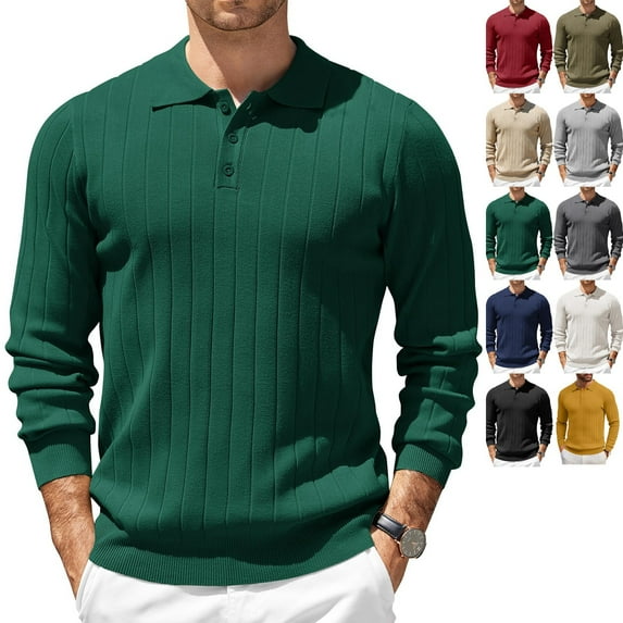 Zimjoy Men's Polo Shirts Long Sleeve Button Down Sweater Polo Big and Tall Henley Neck Textured Shirt Loose Fit Pleated Fashion Dress Shirt Pullover, Green 2XL