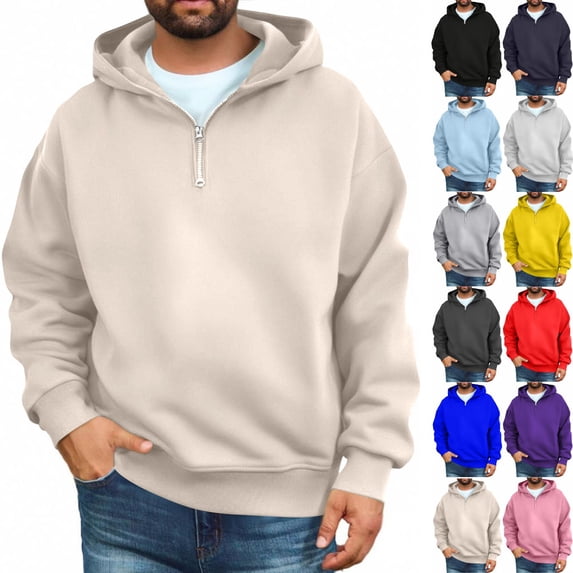 Zimjoy Men's Quarter Zip Hoodies Pullover Hoodie Half Zip Long Sleeve Casual Fleece Hooded Sweatshirt for Men Beige L