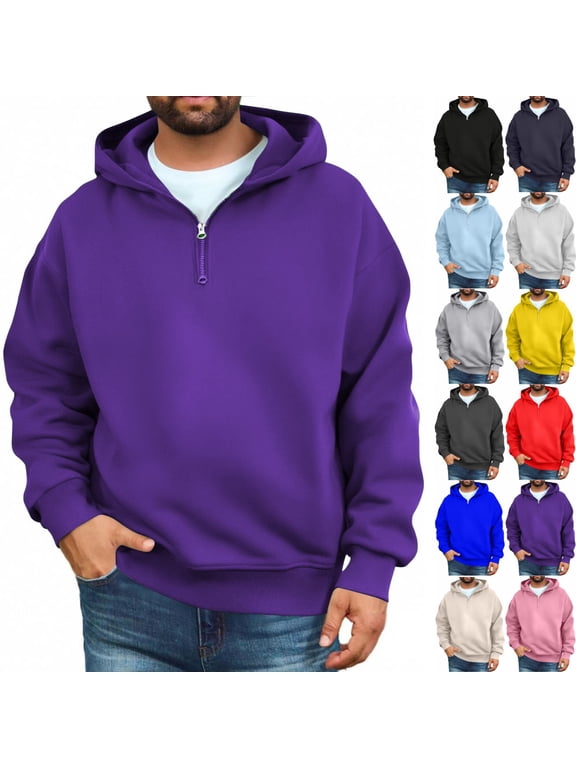 Men's Quarter Zip Hoodies Pullover Hoodie Half Zip Long Sleeve Casual Fleece Hooded Sweatshirt for Men Purple XL