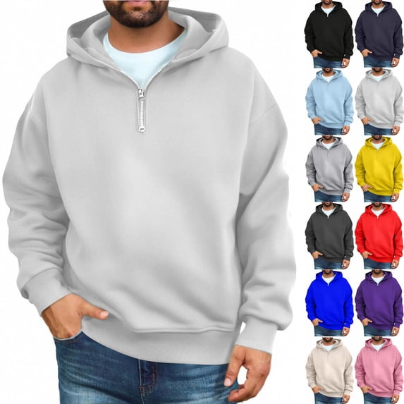Zimjoy Men's Quarter Zip Hoodies Pullover Hoodie Half Zip Long Sleeve Casual Fleece Hooded Sweatshirt for Men White 2XL