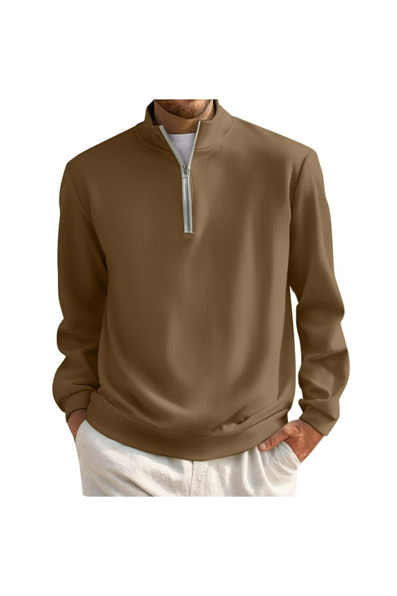 Men's Quarter Zip Pullover Casual Lightweight 1/4 Zip Sweatshirt Men Fall Mock Neck Long Sleeve 1/4 Zipper Pullover Mens Texture Waffle Sweatshirt, Brown L
