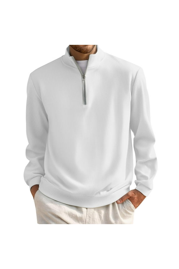 Men's Quarter Zip Pullover Casual Long Sleeve 1/4 Zip Fleece Pullover Mens Lightweight Mock Neck Fall 1/4 Zip Sweatshirt Men Texture Waffle Sweatshirt, White 3XL