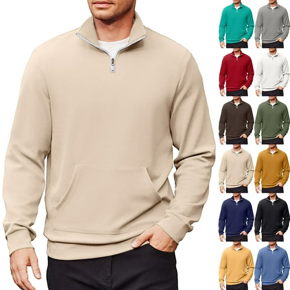 Zimjoy Men's Quarter Zip Pullover Long Sleeve Collared Pocket Sweatshirt Casual 1/4 Zipper Pullover Fall Lightweight Big and Tall Shirts for Men, Khaki 3XL