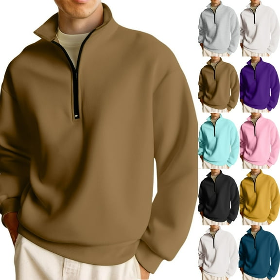 Zimjoy Men's Quarter Zip Pullover Long Sleeve Mock Neck 1/4 Zipper Pullover Casual Hoodies for Men Brown Sweatshirt Lightweight Fall Clothes, Light Brown XL
