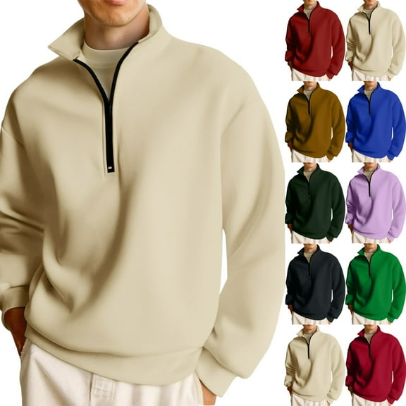 Zimjoy Men's Quarter Zip Pullover Mock Neck Long Sleeve 1/4 Zip Pullover Mens Casual Brown Zip Up Hoodie Lightweight Fall Mens Zip Up Hoodie, Khaki L