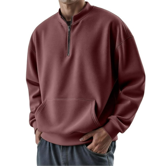 Zimjoy Men's Quarter Zip Sweatshirt Mock Neck Long Sleeve 1/4 Zipper Pullover Casual Red Sweatshirt Lightweight Winter Big and Tall Shirts for Men, Wine 3XL