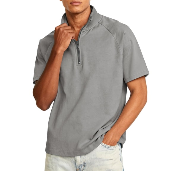 Zimjoy Men's Quarter Zipper T Shirts Summer Big and Tall Short Sleeve Tshirts Stand Collar Casual Golf Polo Basic Shirts, Gray 4XL