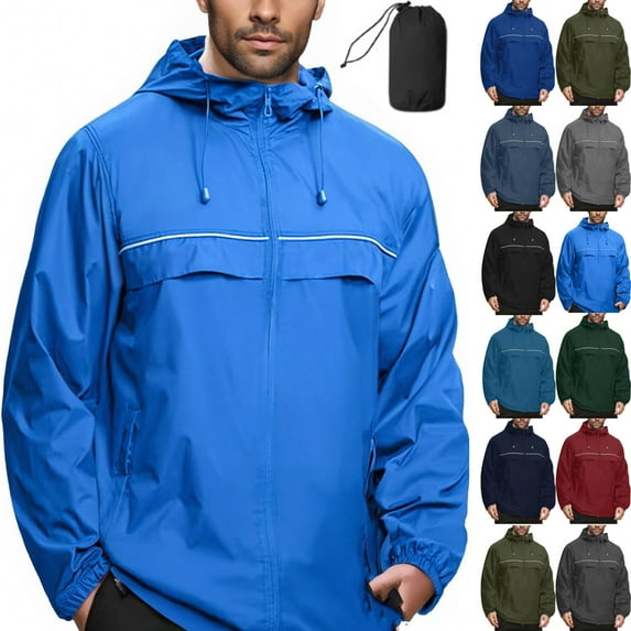 Zimjoy Men's Rain Shell Jackets M-5XL Packable Waterproof Rain Jacket Breathable Hooded Light Jackets for Men Adjustable Neckline Running Windbreaker, Sky Blue 5XL