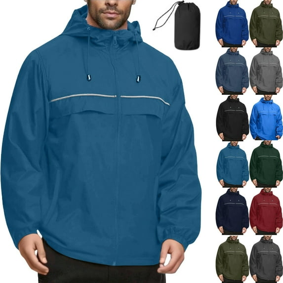 Zimjoy Men's Rain Shell Jackets M-5XL Packable Waterproof Rain Jacket Breathable Hooded Mens Lightweight Jackets Adjustable Neckline Outdoor Hiking Fishing Hoodies, Blue 5XL