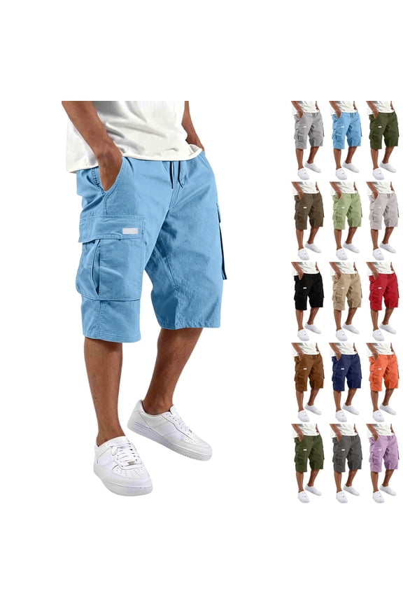 Men's Relaxed Fit Long Cargo Work Shorts Elastic Waist Drawstring Below Knee Work Outdoor Shorts, Sky Blue M