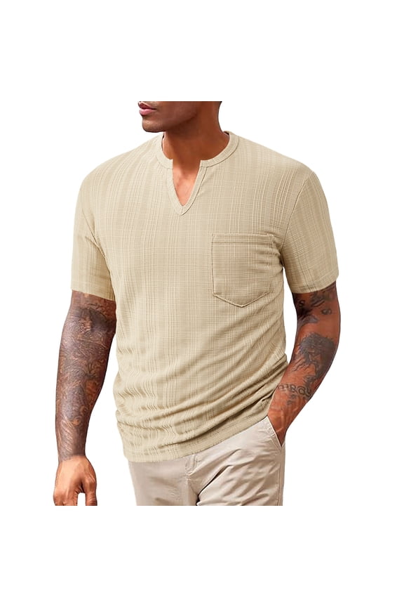Men's Relaxed Fit Short Sleeve T-Shirt Notch V-Neck with Chest Pocket Breathable Grid Textured Casual Tee for Daily & Vacation Khaki L