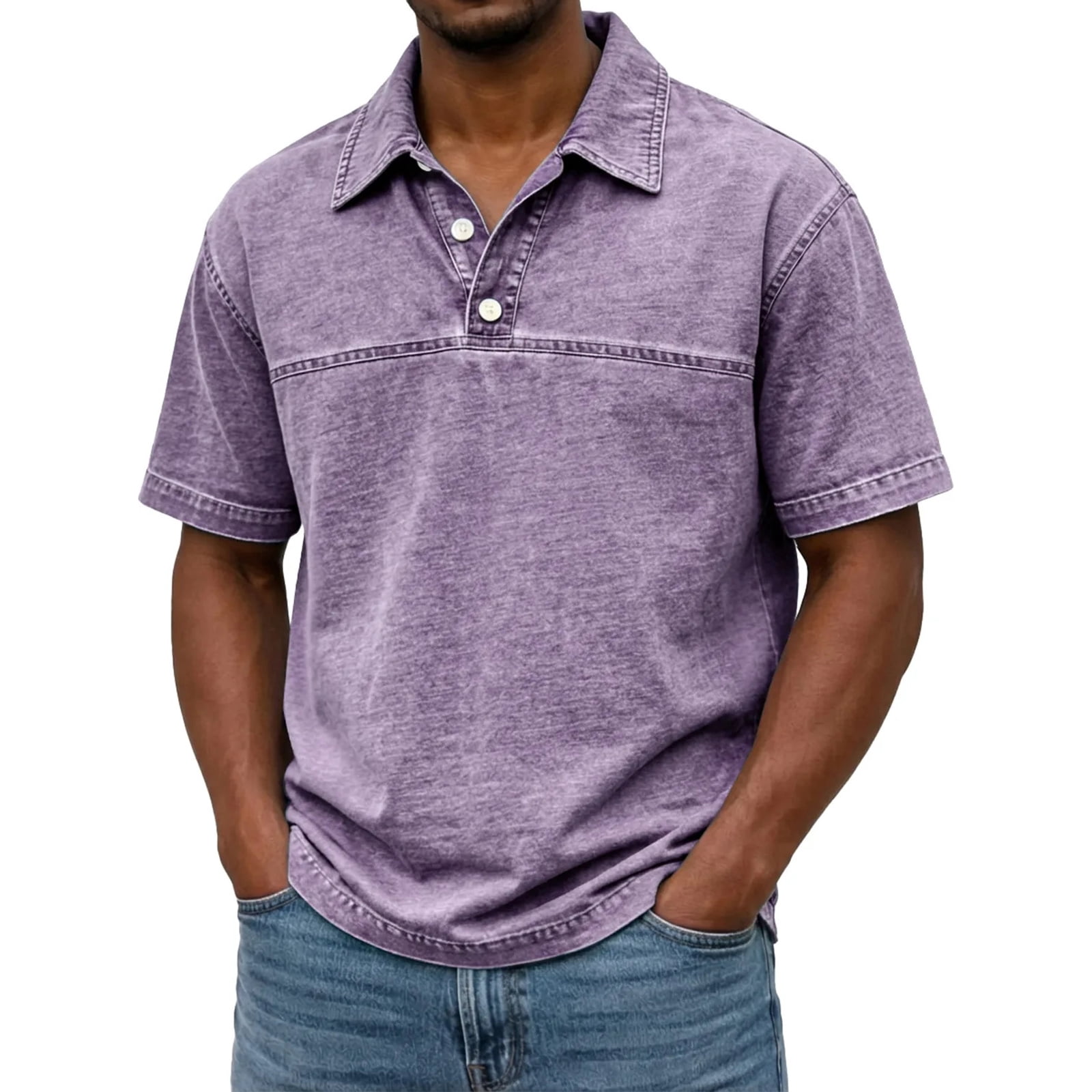 Zimjoy Men's Retro Casual Polo Shirts Vintage Washed Lapel Button Tops ...