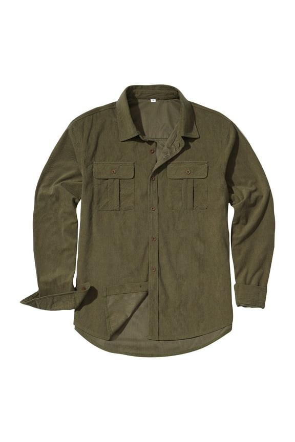 Men's Shacket Jackets Casual Cowboy Coat Lightweight Corduroy Jacket Men Button Down Western Shirts for Men with 2 Flap Pocket, Army Green L