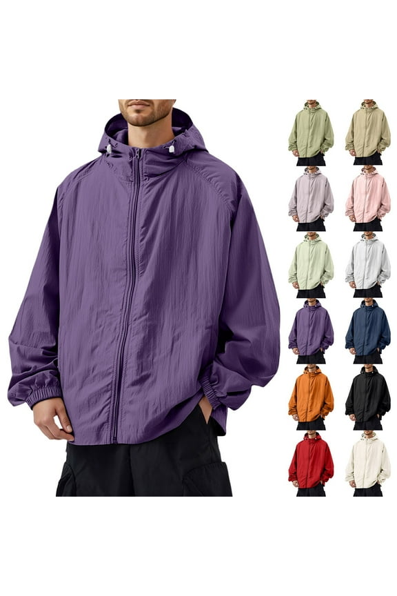Men's Soft Shell Jacket Athletic Big and Tall UV Protection Full Zip Jackets Lightweight Hooded Windbreaker Jacket with Pocket Fishing Hiking Coat, Purple L
