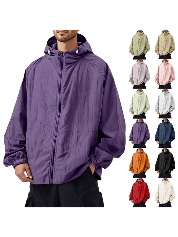 Men's Soft Shell Jacket UV Protection Oversized Hooded Rain Jacket Lightweight Active Full Zip Jackets with Pocket Golf Running Coat, Purple M