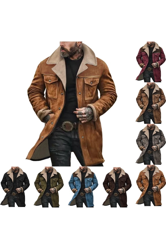 Men's Suede Jacket Vintage Regular Fit Double-Breasted Trench Coats Windproof Lapel Collar Wool-Blend Peacoat Casual Long Trench Coats Warm Winter Overcoat, Ginger L