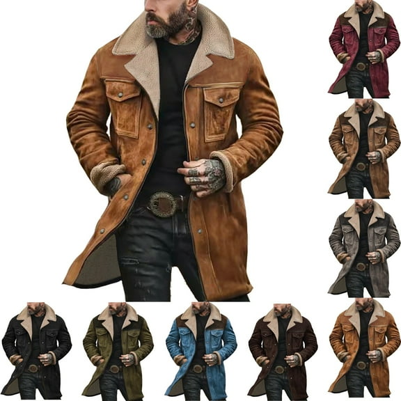 Zimjoy Men's Suede Jacket Vintage Slim Fit Double-Breasted Trench Coats Windproof Lapel Collar Wool-Blend Peacoat Casual Long Trench Coats Warm Winter Overcoat, Ginger S