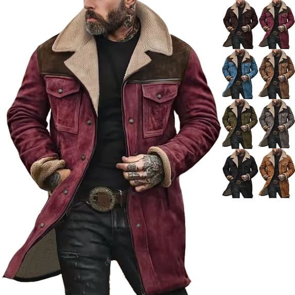 Zimjoy Men's Suede Jacket Western Regular Fit Double Breasted Trench Coats Windproof Lapel Collar Wool-Blend Pea Coat Casual Long Trench Coats Warm Winter Overcoat, Wine S