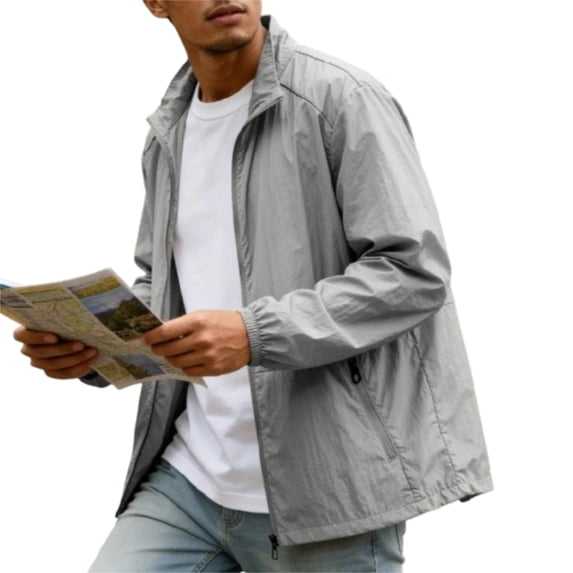 Zimjoy Men's Summer Lightweight Sun Protection Jacket Windbreaker Zip Up Jacket Casual Loose Fit Outdoor UPF 50+ Sun Shirts with Pocket, Light Gray XL