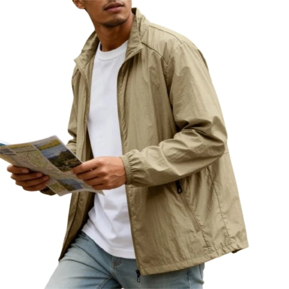 Zimjoy Men's Summer Lightweight Sun Protection Jacket Windbreaker Zip Up Jacket Casual Loose Fit Outdoor UPF 50+ Sun Shirts with Pocket, Khaki M