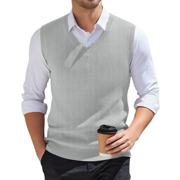 Zimjoy Men's Sweater Vests Casual V Neck Knitted Sweater Vest Big and Tall Sleeveless Men's Sweater Classic Spring Sweater Vests, Light Gray 2XL