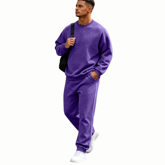 Zimjoy Men's Sweatsuits, Crewneck Sweatshirt Sweatpants 2 Piece Outfit, Long Sleeve Pullover Top & Jogger Pants Matching Set, Casual Athletic Sweatsuit for Daily Loungewear Gym Workout Purple S