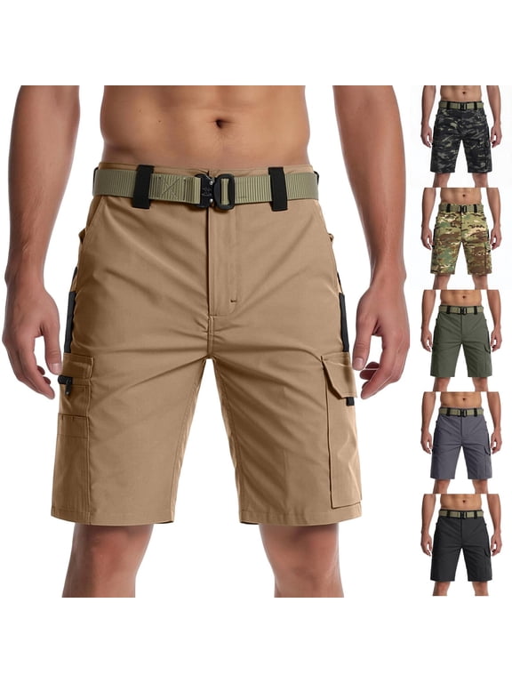 Men's Tactical Cargo Shorts with Adjustable Belt Water Resistant Multi Pocket Quick Dry Knee Length Outdoor Hiking Work Utility Shorts Khaki L