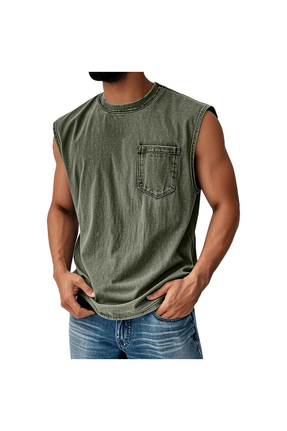 Men's Tank Tops Summer Casual Workout Loose Fit Crew Neck Shirts Lightweight Muscle Sleeveless Tee Shirts with Pocket, Army Green L