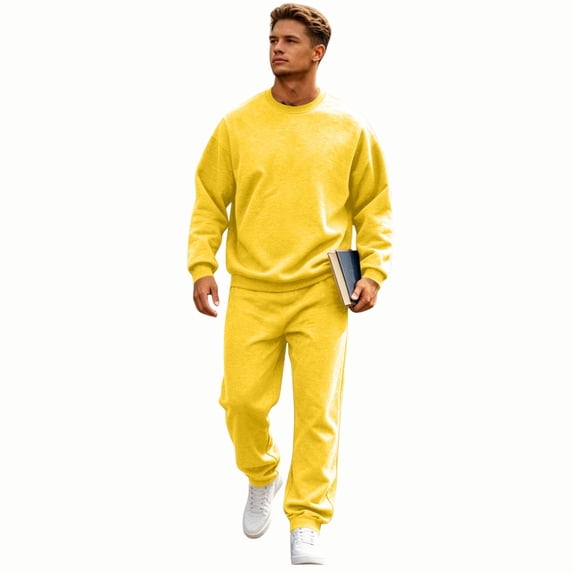 Zimjoy Men's Tracksuits, Crewneck Sweatshirt Sweatpants 2 Piece Outfit, Long Sleeve Pullover Top & Jogger Pants Matching Set, Casual Athletic Sweatsuit for Daily Loungewear Gym Workout Yellow M