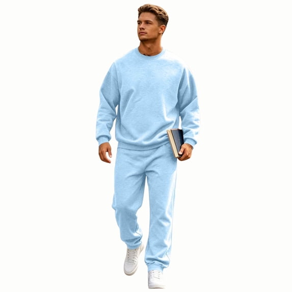 Zimjoy Men's Tracksuits, Crewneck Sweatshirt Sweatpants 2 Piece Outfit, Long Sleeve Pullover Top & Jogger Pants Matching Set, Casual Athletic Sweatsuit for Daily Loungewear Gym Workout Light Blue XL