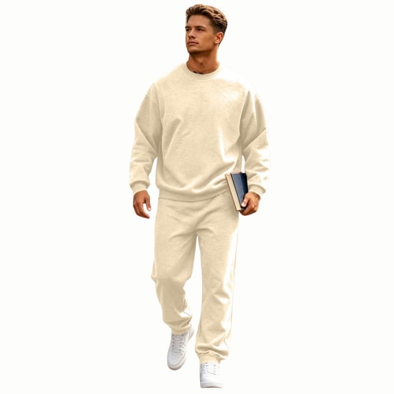 Zimjoy Men's Tracksuits, Crewneck Sweatshirt Sweatpants 2 Piece Outfit, Long Sleeve Pullover Top & Jogger Pants Matching Set, Casual Athletic Sweatsuit for Daily Loungewear Gym Workout Beige 3XL