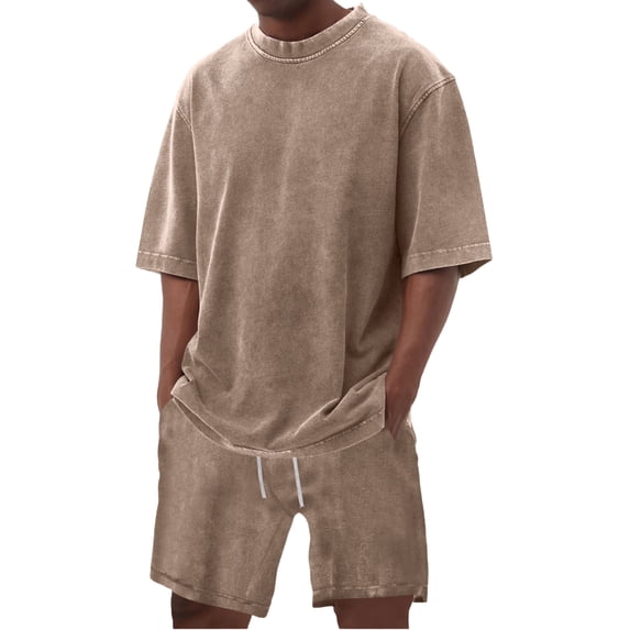 Zimjoy Men's Two Piece Summer Set Vintage Acid Wash Cotton Short Set Crew Neck Half Sleeve T-Shirts and Baggy Shorts Khaki XL