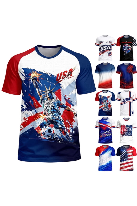 Men's USA Soccer T-Shirt Patriotic American Flag Graphic Tee 2026 World Soccer Game Fan Short Sleeve Shirt for Game Day 4th of July White L