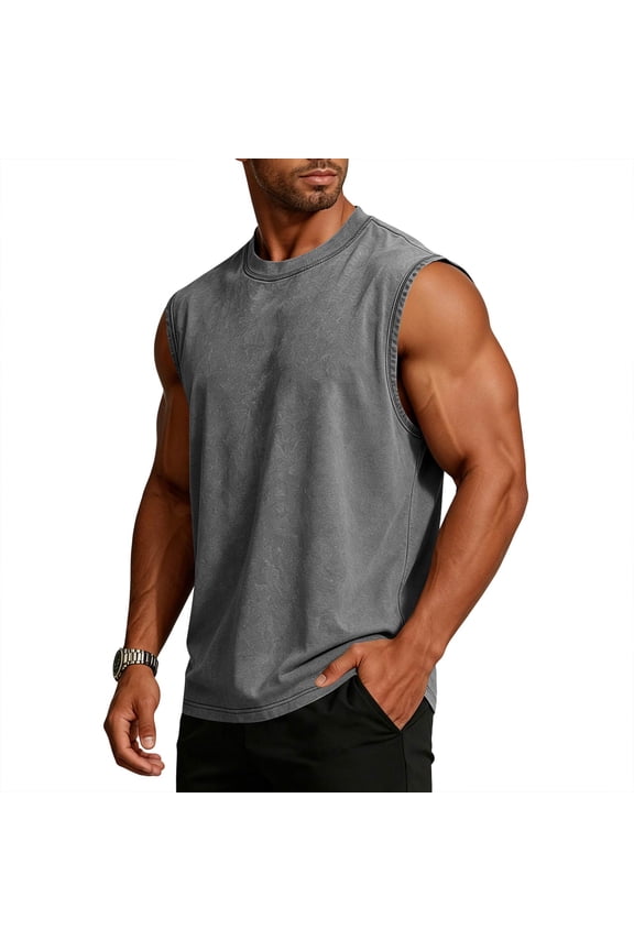 Men's Vintage Washed Cotton Sleeveless Tank Top Summer Crew Neck Muscle Shirt for Gym Workout Casual Streetwear Gray L