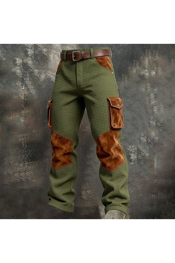 Men’s Waffle Pants Durable Multi-Pockets Cargo Pants Knee Patches Trousers for Working, Hiking, Outdoor, Army Green L