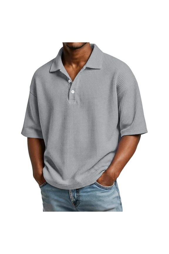 Men's Waffle Shirts Summer Breathable Short Sleeve Pullover 3-Button Henley Collared T Shirts without Pocket, Gray M