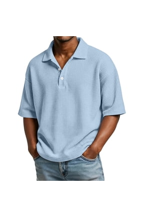 Men's Waffle Shirts Summer Breathable Short Sleeve Pullover 3-Button Henley Collared T Shirts without Pocket, Light Blue 3XL