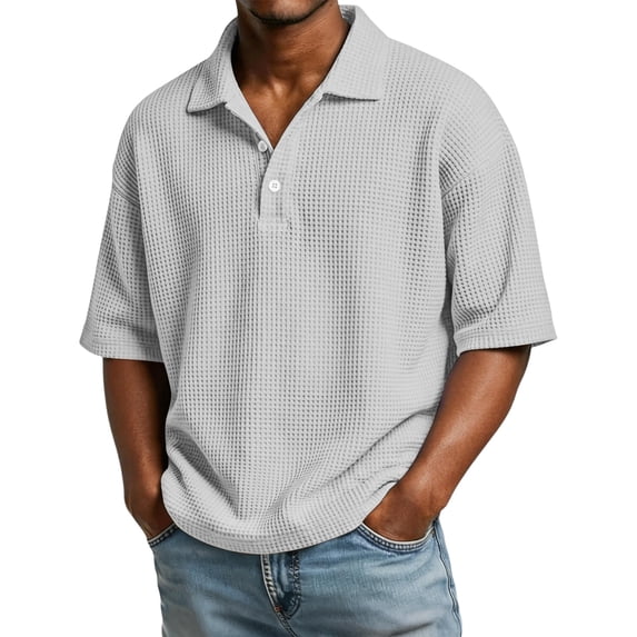 Zimjoy Men's Waffle Shirts Summer Breathable Short Sleeve Pullover 3-Button Henley Collared T Shirts without Pocket, Light Gray XL