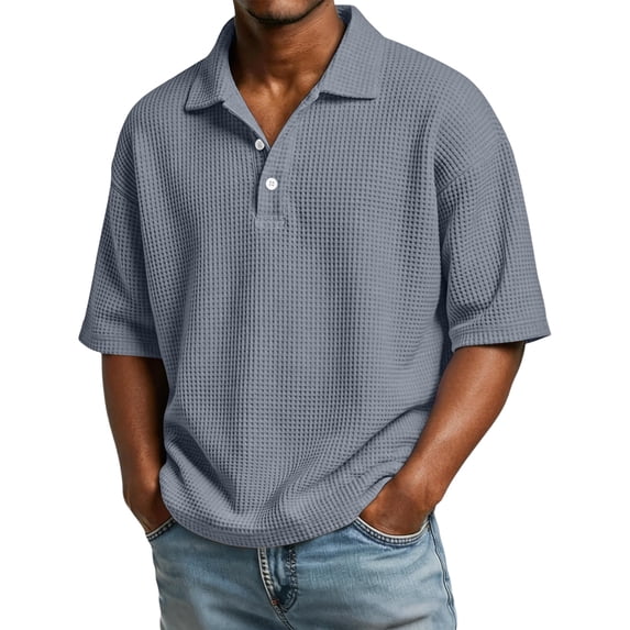 Zimjoy Men's Waffle Shirts Summer Breathable Short Sleeve Pullover 3-Button Henley Collared T Shirts without Pocket, Light Purple L