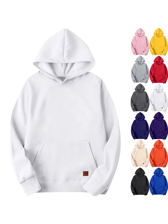 Men's White Hoodie Casual Loose Solid Color Hooded Fleece Sweatshirt Long Sleeve Baggy Pullover Sweatshirts with Pocket, White L